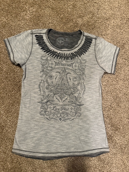 Affliction Tops - Affliction Heather Gray Graphic Crew Neck Tee with Crest Print